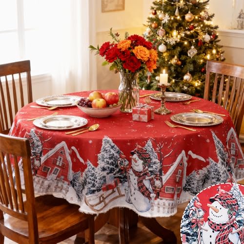 Fentar Weihnachtstischdecke Rund, 140cm Leinen Tischdecke Weihnachten...