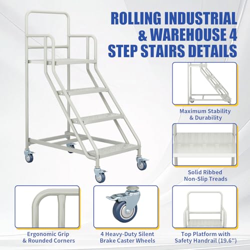 Image of 4 Step Rolling Ladder with Wheels,23.3 inchW x 59 inchH, Industrial & Warehouse Rolling Non-Slip Stairs with Handrails, Steel Platform Ladders, 485LBs Capacity, Easy to Move For Library Goods Shelves
