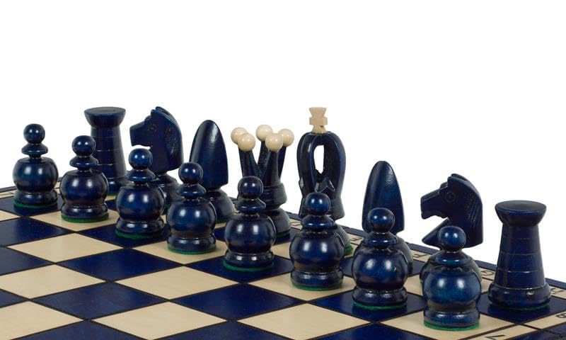 Sunrise Chess & Games Duże szachy królewskie 44 cm, niebieskie | Drewniane figury z grabu, król 80 mm, składana plansza, wewnętrzna wkładka
