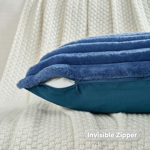 FUTEI Navy Blue Striped Decorative Throw Pillow Covers 16x16 Inch Set of 2,Square Fall Decorations Couch Pillow Case,Soft Cozy Faux Rabbit Fur & Velvet Back,Modern Home Decor for Bed