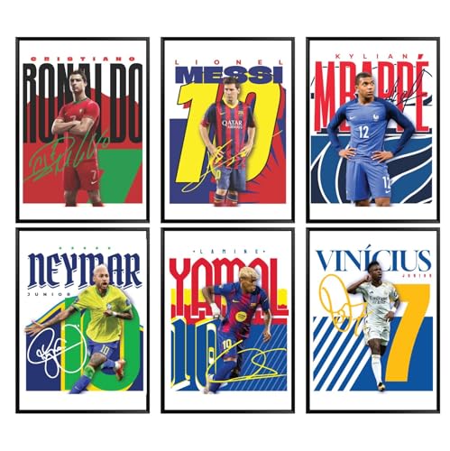 TinyMollo Soccer Wall Art Set 6 Unframed 8x10 Sports Legends Prints with Messi Ronaldo Neymar Mbappe for Boys Room Kids Bedroom Decor