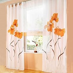 Cortinas Para Salas Estampadas ANGEL BUD 1 Pieza Cortina Larga - Cortina Transparentes Flores Estampadas - Cortinas de Tul para Dormitorio, Balcón y Sala de Estar - Ancho 150 cm x Altura 225 cm - Naranja