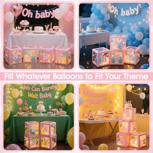 Image of Ledido Baby Boxes with Letters for Baby Shower Decorations, 4 pcs Clear Balloon Boxes Blocks Decor with LED Fairy String Lights for Boy Girl Gender Reveal Decorations Backdrop Party (Pink)