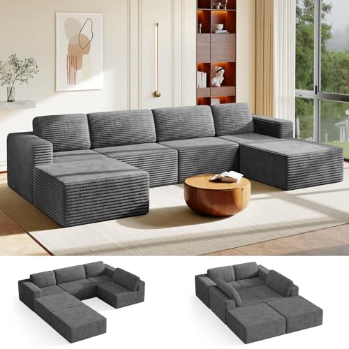 Image of Vesgantti 159 inch Large Modular Sectional Sofa, U-Shaped Corduroy Cloud Couch with Deep Seats & Spring Support, 4-Seater Boneless Sofa with 2 Movable Ottomans, No Assembly Needed, Grey