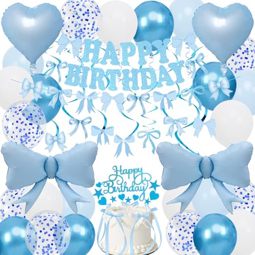 Blue Bow Birthday Decorations Happy Birthday Banner Garland and Hanging Swirls 28Pcs Balloons Cake Toppers Bow Themed Party Decorations for Girls Women