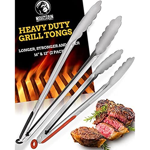 Grill Tongs for Cooking BBQ - 12 & 16' Set of 2 Heavy Duty Grilling Cooking Tongs for Serving Food Rubber Grips Long Locking...