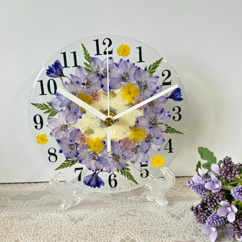 押し花 花時計 フラワーサークル 掛け時計 置時計 φ15cm ハンドメイド ギフト 可愛いボックス入り (ラベンダー)