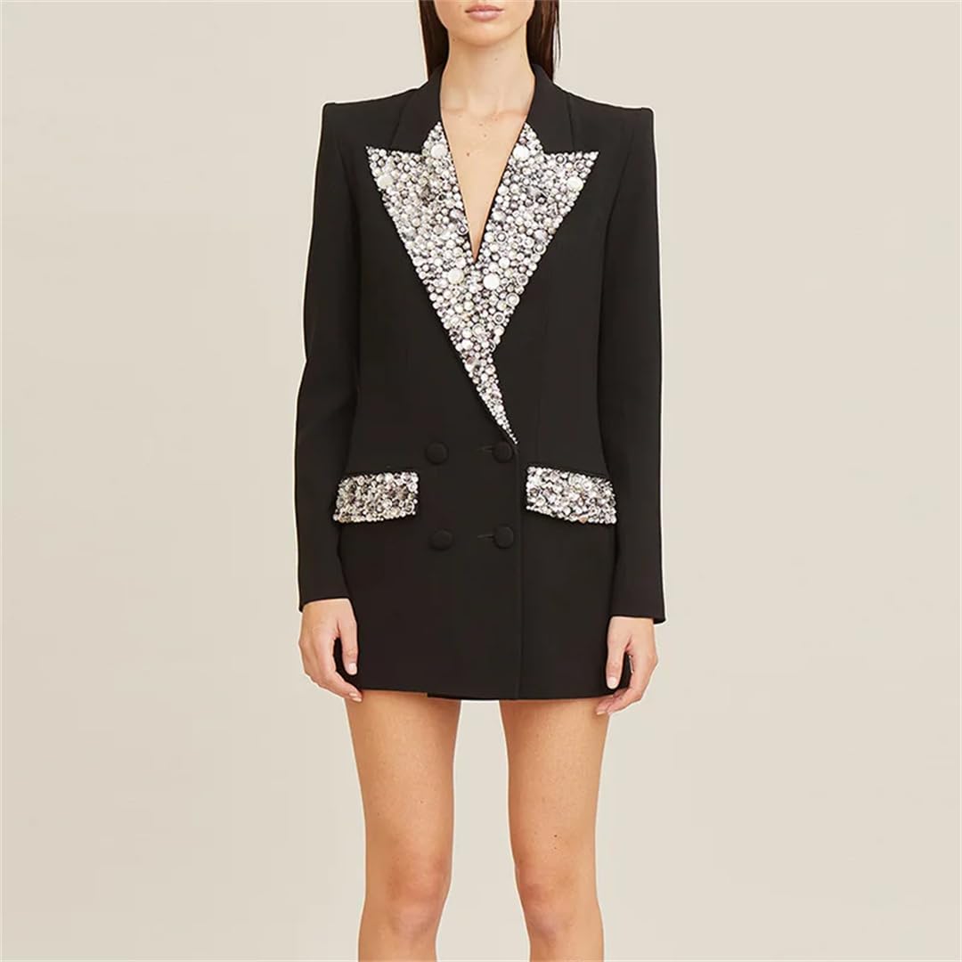 Glänzender Damen-Mantel mit Strasssteinen, gekerbt, zweireihig, langärmelig, einfarbiger Blazer