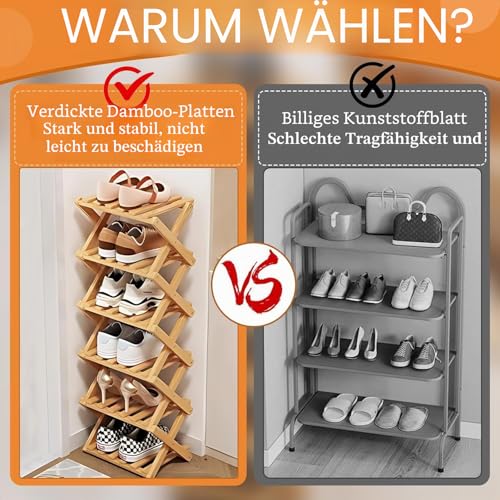 kiss me Faltbares Schuhregal, klein, vertikales Schuhregal aus Holz, kleines Schuhregal für Engen Raum ohne Installation, drinnen für Flur, Eingang, Ecke, Schlafzimmer (Natur, 2 Etagen)