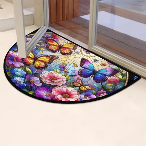 Image of Half Round Doormat Colored Butterfly Flowers Non Slip Half Circle Area Rugs Indoor Washable Half Moon Rug Semi Circle Bathroom Runner Mat Entrance Floor Carpet for Kithen Bedroom Fireplace Decor