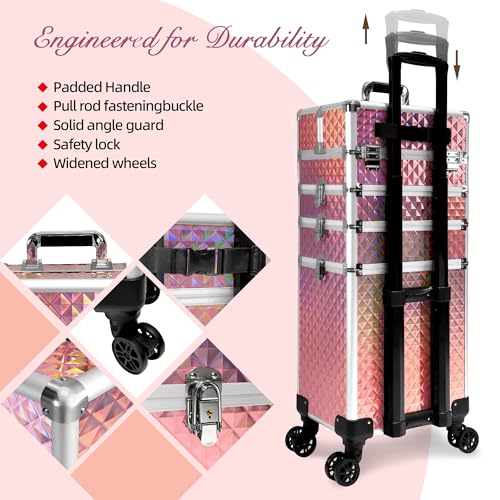 Image of 5 in 1 Rolling Makeup Train Case on Wheels Large Cosmetic Organizer Travel Cart for Women Beauty Salon Barber Hairstylist Pink
