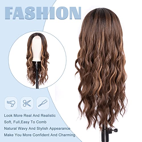 Pelokaa Long Ombre Brown Mixed Blonde Wavy Wig For Women 26 Inch Middle Part Curly Wavy Wig Natural Looking Heat Resistant Synthetic Wigs For Daily Party Use (26 Inch, Dark Brown Mixed Blonde) #TOP2