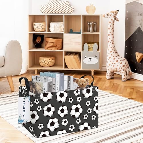 Image of Rectangular Soccer Laundry Storage Bin for Adults and Kids | Damp resistant canvas fabric, sturdy stitched carry handles, foldable design organizes closet and playroom daily supplies