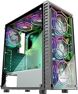 MUSETEX ATX PC Case Mid-Tower with 6pcs 120mm ARGB Fans, Computer Gaming Case with Tempered Glass Side & Front Panels, Metal Honeycomb Mesh, USB3.0, S6-B