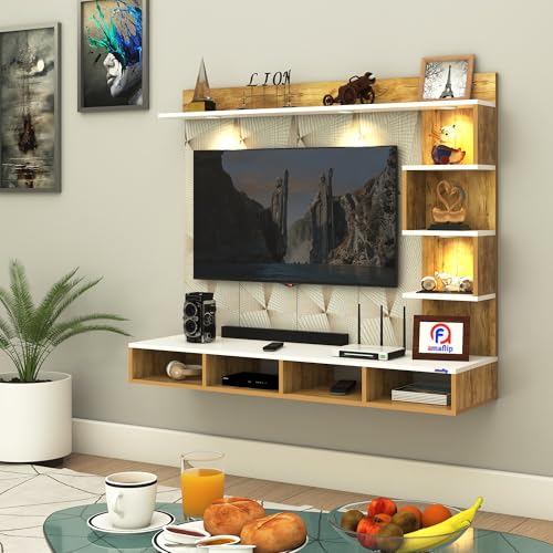 Image of Anikaa Laura Engineered Wood Wall-Mount TV Unit with PVC Back Panel & LED Lights | TV Cabinet with Storage Box & Decorative Shelves (Giantwood /White) Ideal for TVs up to 43 Inch | DIY Installation