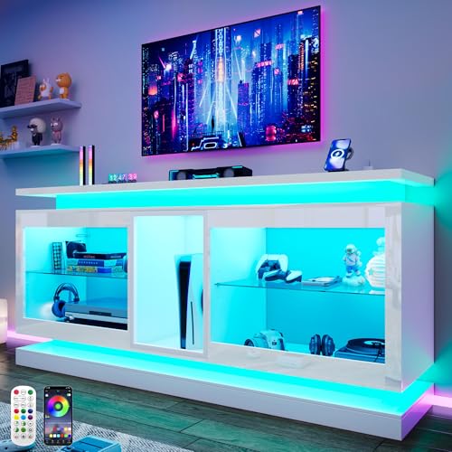 70' TV Stand W/LED Lights&Power Outlets,High Gloss Entertainment Center W/Color-Changing RGB LED Strip/Sound Sync,App/Remote Control For 70 80IN TV,Media Console Table for Home Living Room(White)