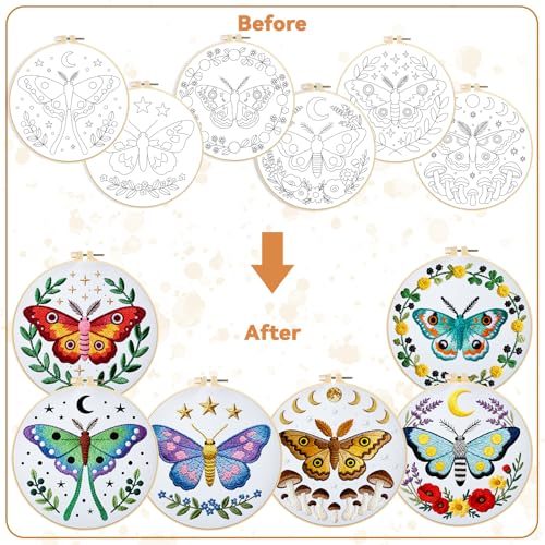 Image of BEUNITONE 6 Set Moth Embroidery Kit for Adults Beginners, DIY Needlepoint Craft Kits with Instructions and Hoops, Complete Starter Set for Adults, Handmade Embroidery for Gifts and Home Decor 20x20cm