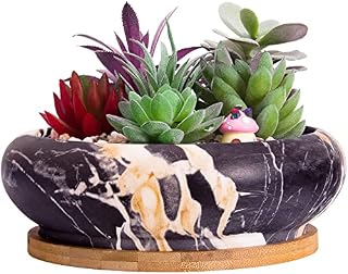 ARTKETTY Succulent Plant Pots, 15.5CM Large Bonsai Pot with Drainage Tray Marble Cactus Plant Pot Ceramic Pots for Indoor/Outdoor Flower Plants Shallow Planter Container Bowl for Home Office Decor