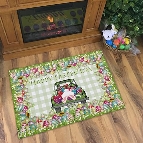 Happy Easter Doormats Rugs For Indoors, Vintage Farm Trucks Colorful Eggs Non-Slip Entrance Welcome Door Mats For Home/Bathroom/Kitchen/Bedroom Entry Way,23.6X15.7Inch, Green Gingham Plaid Patterns #TOP3