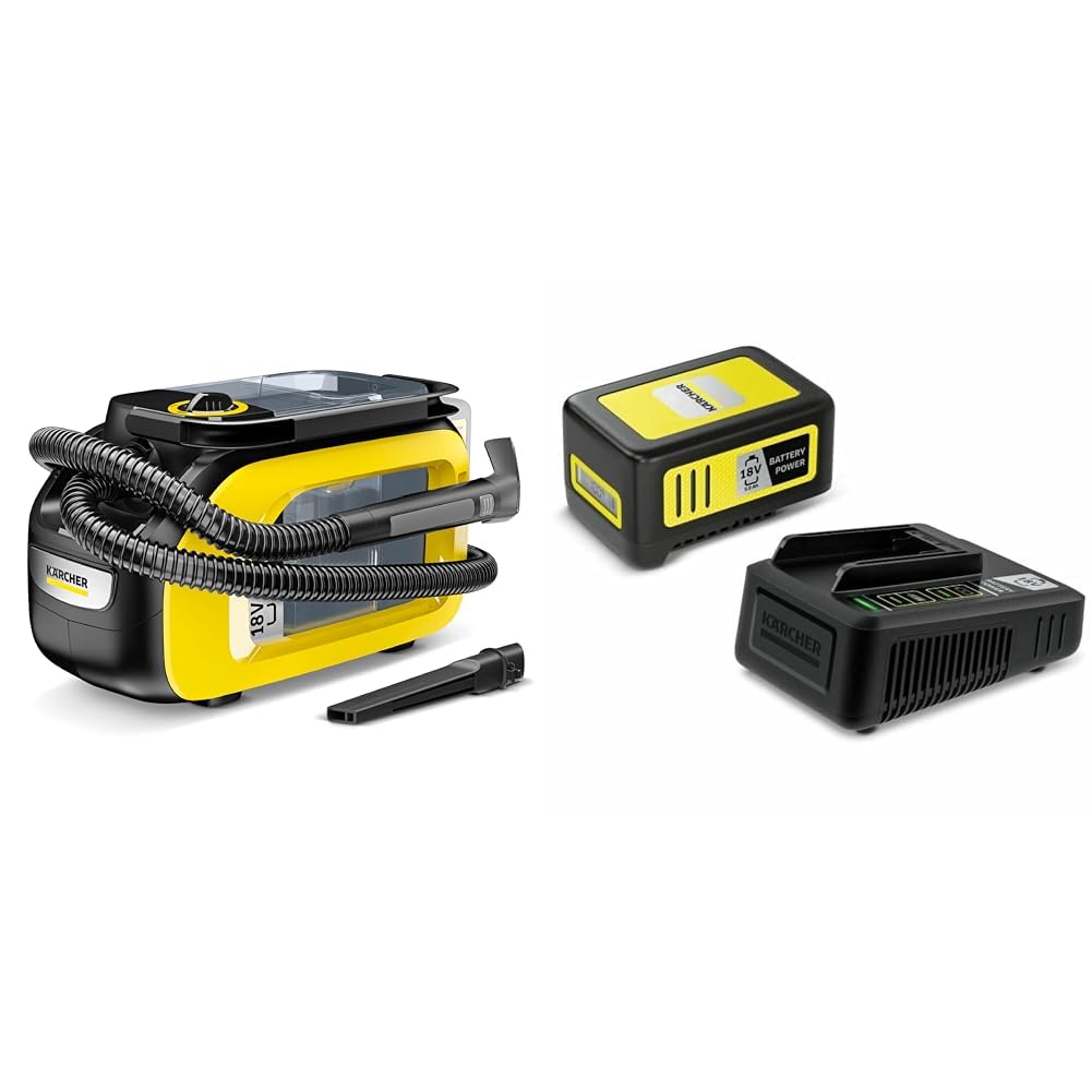Kärcher SE 3-18 Compact Akku-Waschsauger (Integrierter Sprühschlauch, extra Wasch- und Fugendüse zur Polsterreinigung, 75 mm Arbeitsbreite, Durchspülfunktion) inkl. 18 V Starter Kit 18/50
