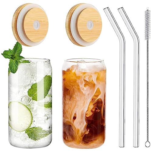 DINESA Juego de 2 piezas con tapas de bambú, vasos de vidrio de 16 onzas en forma de lata con tapa y pajitas, vasos de cerveza