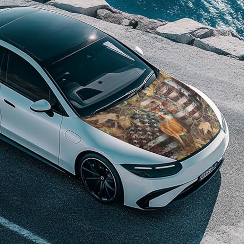 Image of 59x39 Inch Hood Cover for Compact Cars SUV Sedans Trucks, Waterproof Stretchable Deer American Flag Car Hood Wraps Auto Banner Auto Dcorative Accessories