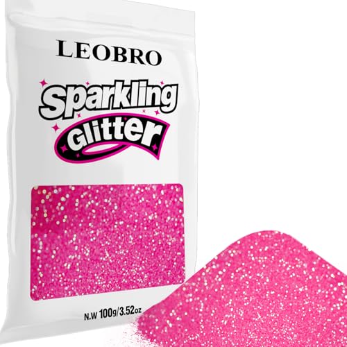 LEOBRO Pink Glitter 100g / 3.5 oz Iridescent Fine Glitter for Crafts Resin DIY Jewelry Keychains Flowers Party Decorations Iridescent Hot Pink