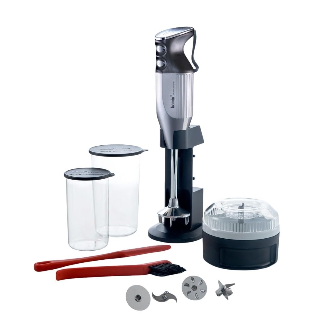 bamix Set mixeur plongeant M350 MAXX avec support, 2 récipients, 4 accessoires, Processeur, Spatule, Brosse de nettoyage, 300 W, Fabriqué en Suisse, Revêtement argenté/chrome