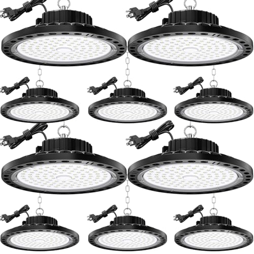 TOPAUBUB 100W High Bay LED Light 10 Pack, 15000LM High Bay LED Shop Lights with 6.56FT Cable US Plug, 11.8in Metal Chain, Driver, 6500K IP65 UFO Commercial Bay Lighting for Warehouse Shop Gym -  XinWangXing, E2