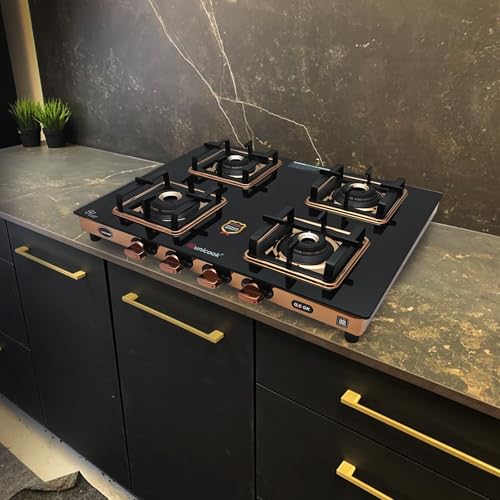 Image of Unicook Coral Cuba 4 Burner Gas Stove | Manual Ignition | 6mm Glass | Brass Burners | ISI Certified | Rose Gold Frame | 3 Years Warranty on Glass & Burners + 2 Year Comprehensive Warranty