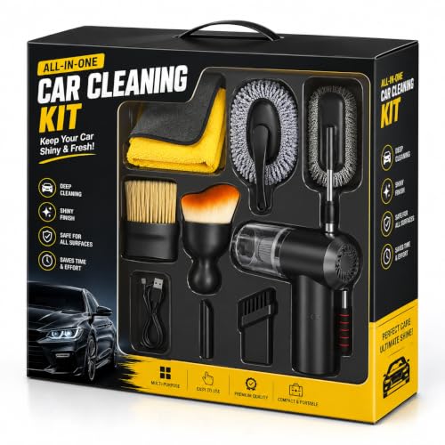 Image of 6-in-1 Car Cleaning Kit with Portable Handheld Vacuum Cleaner, Microfiber Cloth, Car Duster, Dashboard Cleaning Brush, Soft Detailing Brush & Cleaning Accessories for Car Interior & Exterior