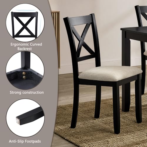 Image of Harper & Bright Designs 6-Piece Dining Table Set with Chairs & Bench,Black | Padded Beige Upholstered Seats, Space-Saving Bench, And Easy Assembly - Perfect For Families And Apartments