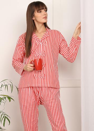 Image of Vlazom Women Cotton Striped Night Suit Set with Pocket | Full Sleeve Shirt & Pajama Co-Ord Set | Soft Breathable Sleepwear with Bow Detail | Comfortable Loungewear for Home