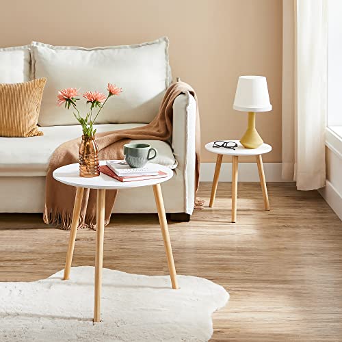 VASAGLE Nesting Side Table, Round End Table, Set of 2, Scandinavian Minimalist Coffee Table with Solid Pine Wood Legs, White and Natural LET07WN