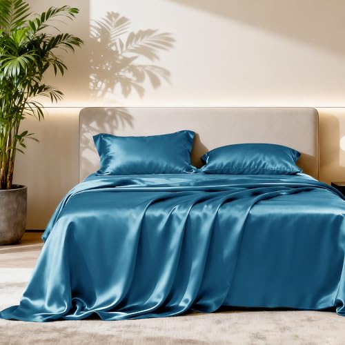 Image of Love's cabin Full Size Satin Sheet Sets - 4 Piece Teal Silky Satin Sheet Set Full with Deep Pocket, Luxury Silk Feel Satin Bed Sheets Full Bedding Set (1 Flat Sheet,1 Fitted Sheet,2 Pillow Cases)