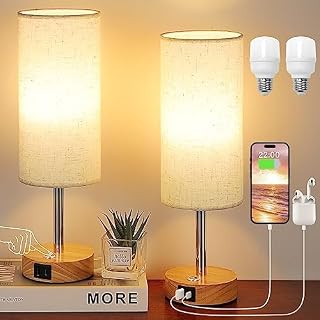 Aooshine Bedside Lamps Set of 2 Touch Table Lamps with USB-C USB-A Charging Ports, 3 Way Dimmable Bedside Lamp for Bedrooms, Small Touch Lamps for Living Room (Bulb Included)