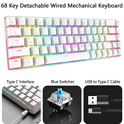 RGB Gaming Tastatur und Maus Set, 68 Tasten Blauer Schalter 60% Mini Chroma Mechanische Tastatur, 6400DPI Leichte Optische Waben Maus, USB-Kabel, Kompatibel mit Windows Mac PS4 Xbox, Weiß - Image 4