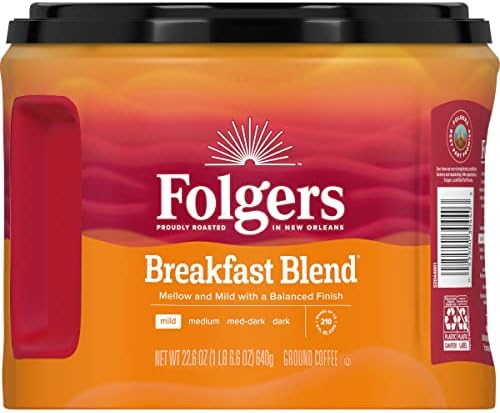 Folgers Breakfast Blend Mild Roast Ground Coffee, 22.6 Ounces (Pack of 6)