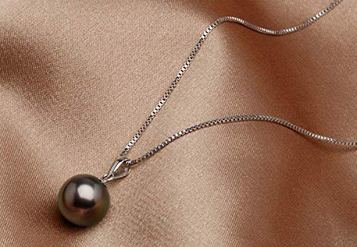 Lzz 925 Sterling Silver Tahitian Nanhai Freshwater Cultured Black Pearl Pendant Necklace - 9-10mm Round Pearl Ladies Necklace3