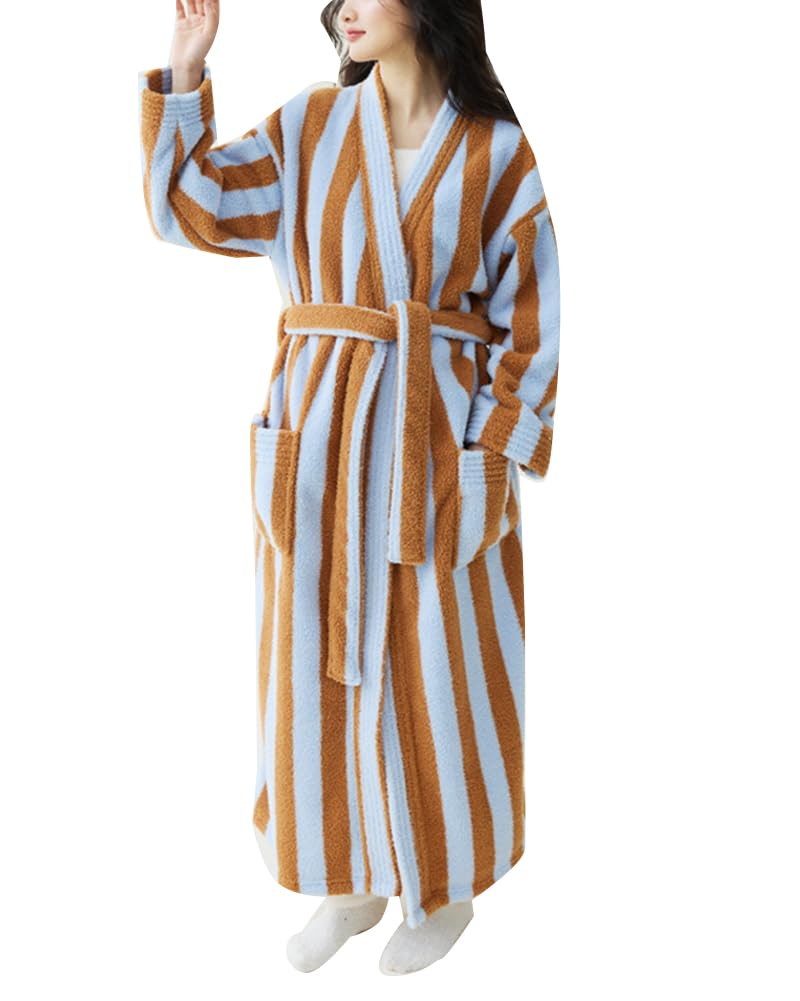 Herren/Damen Schlafmantel Weich und Saugfähig Dicker Korallen-Plüsch-Fleece Bademantel mit Muster Nachtwäsche Extralang Handtuch-Bademantel im Kimono mit Taschen