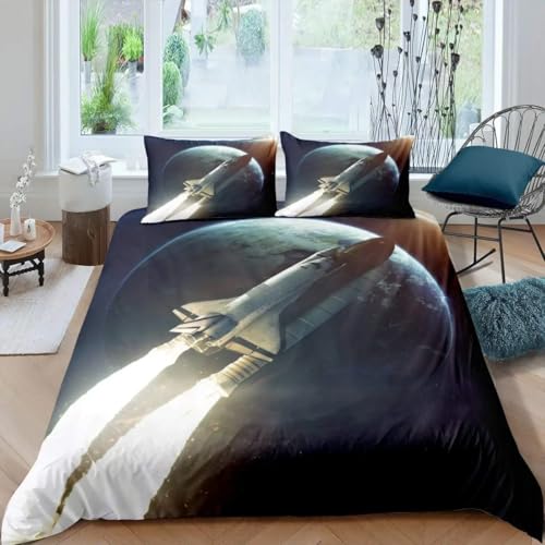 Funda Nordica Cama 180 Cohete Juego de Ropa de Cama Cálido Transpirable Microfibra para Infantil Juvenil con Cremallera, 1 Funda Nórdica 240x260 cm + 2 Fundas de Almohada 50x75 cm