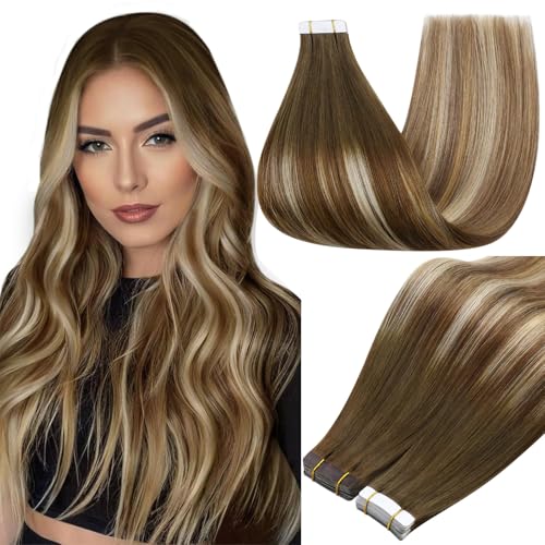 Image of Full Shine Invisible Tape in Hair Extensions Human Hair Color 4 /27 /60 /8 Brown And Blonde Seamless Tape Hair Extensions Real Remy Human Hair 18Inch Natural Human Hair Extension Wedding 50G 20Pcs