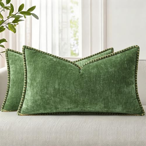 Image of decorUhome Fall Chenille Soft Cozy Throw Pillow Covers 12x20 Set of 2, Modern Farmhouse Boho Velvet Decorative Pillow Cases with Stitched Edge for Couch Sofa Bed Home Decor, Forest Green