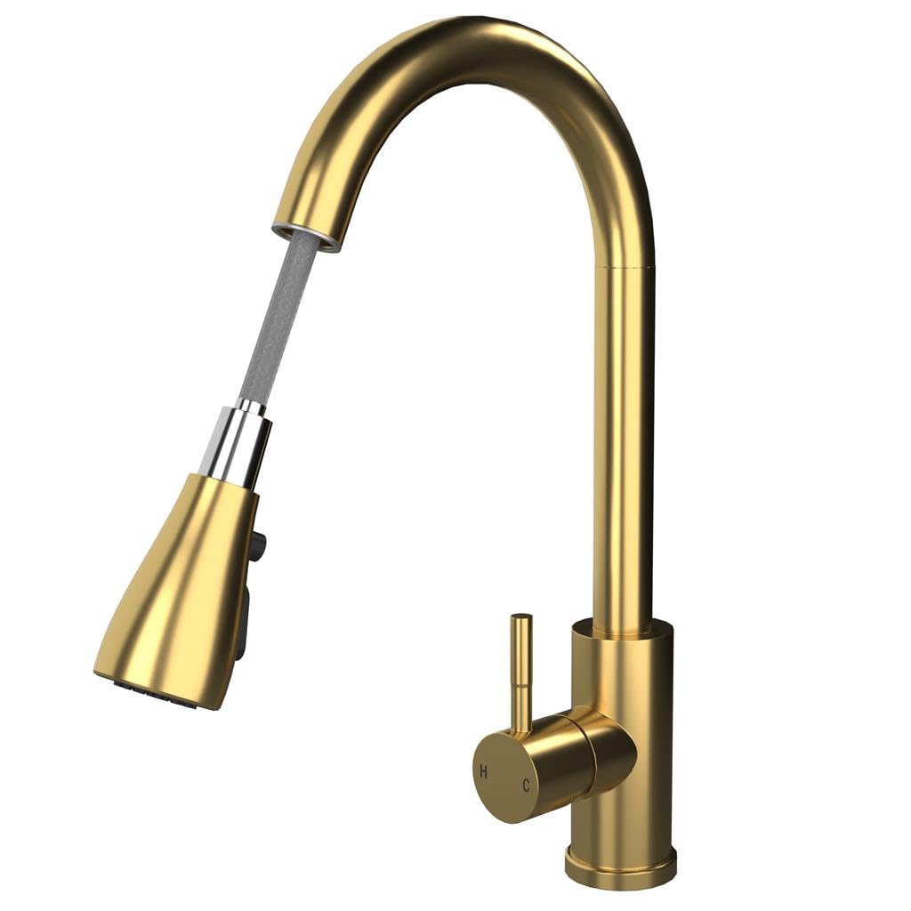 Liquida Kpo11br Brushed Brass Single Lever With Pull Out Spray Kitchen Mixer Tap