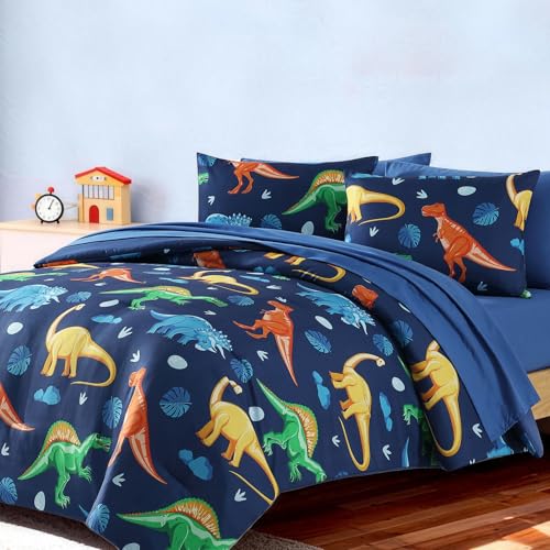 Image of Twin Comforter Set with Sheets for Boys-5 Pieces Twin Bedding Sets Printed | Soft Dinosaur Comforter with Pillowcases & Shams, 66 inch X 86 inch