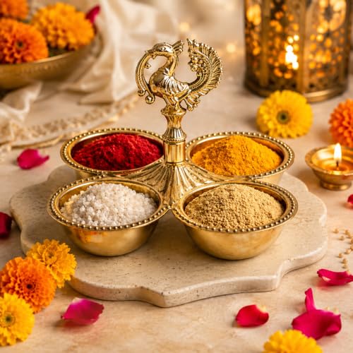 Image of Dual Purpose Brass kankavati with Peacock chowmukh | choupala | chopala | chokra for Pooja | 4 Bowl kumkum haldi Rice Holder | Traditional Home Temple & Festival Decor Item Large Size(226 gm)