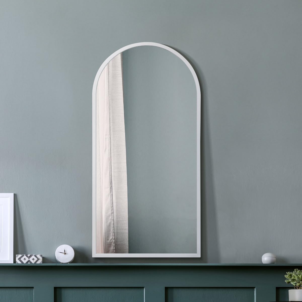 MirrorOutlet The Arcus - White Metal Framed Modern Arched Wall Mirror 47" X 23.5" (120CM X 60CM) Black. 2cm Wide Frame and 3cm Deep.