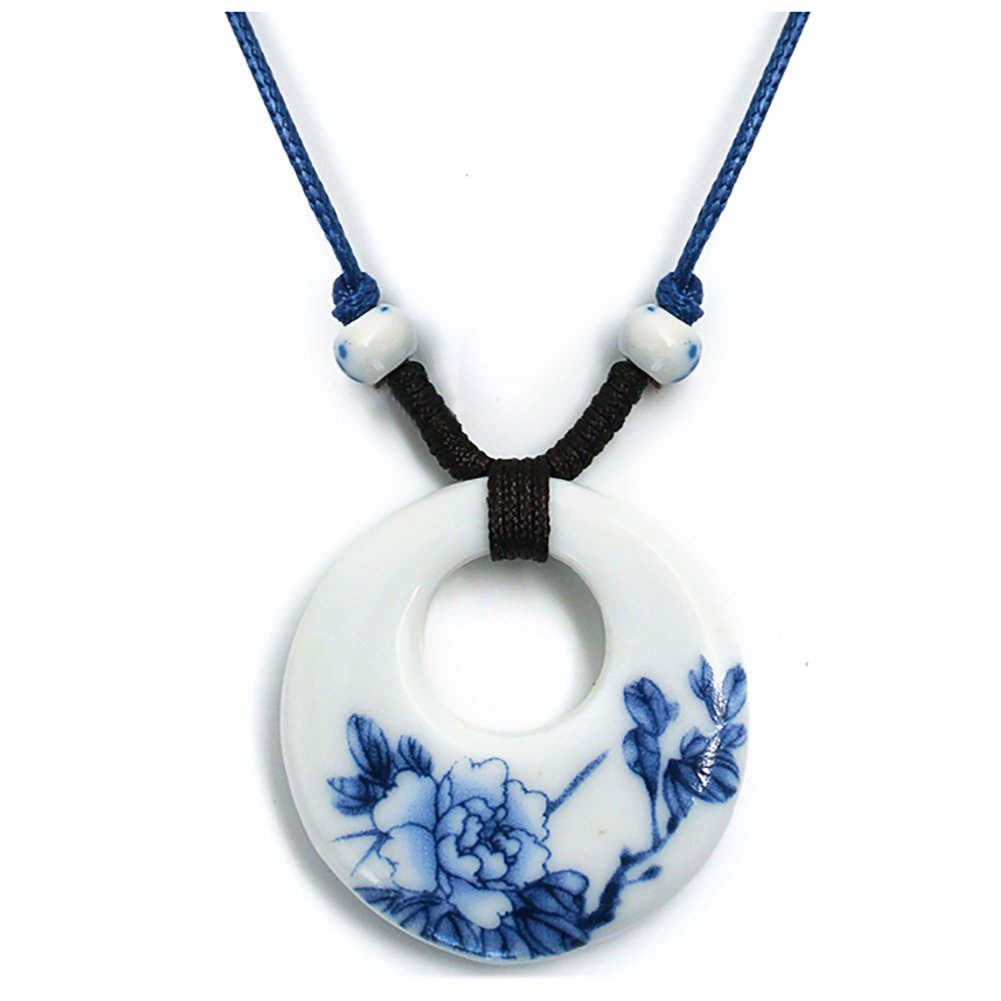 Sunify Elegant Floral Pattern Blue and White Porcelain Pendant Ceramic Sweater Necklace