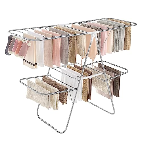 Recopilación de Tendedero Plegable que puedes comprar esta semana. 42 SONGMICS Tendedero, Plegable de 2 Niveles, Alas Ajustables en Altura, con Clips para Calcetines, 33 Barras para Secar la Ropa, Plata y Blanco MLLR053W01V1