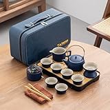Travel tea set,Portable ceramic tea set,Chinese tea set,Tea sets for adults,Tea pot sets,Portable Travel Bag,Home,Gifting,Outdoor and Office,茶具 (Blue)